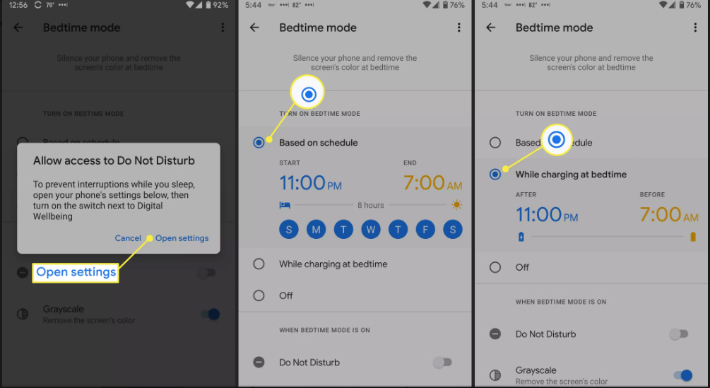 Access to bedtime mode, time based on schedule and time when charging at bedtime to limit screen time on Android